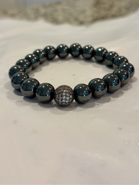 Unbranded Jewelry - Hematite Beaded Bracelet with Pave Accent Bead - Dark Gray